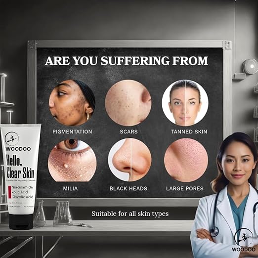 WOODOO - Hello Clear Skin Face Wash | Kojic Acid | Niacinamide | Glycolic Acid | Prevents Hyperpigmentation, Milia | Minimize appearenceof Facial pores, Blackheads, Whiteheads and Dull Skin |100ml