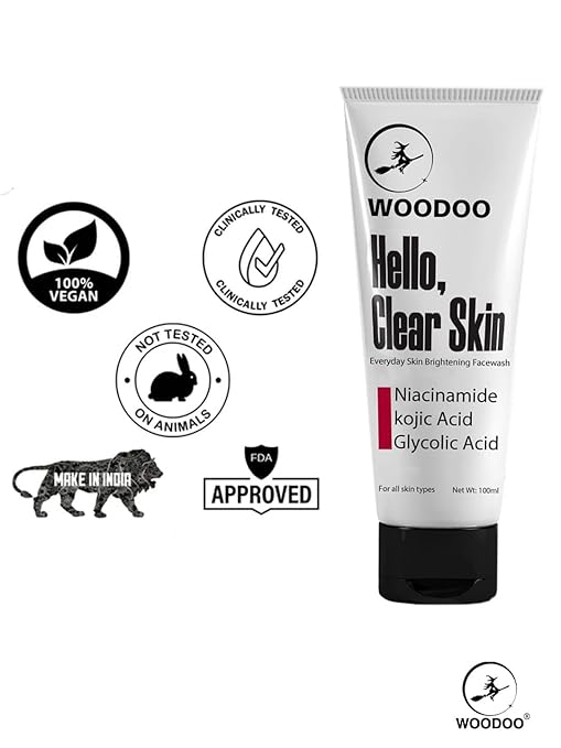 WOODOO - Hello Clear Skin Face Wash | Kojic Acid | Niacinamide | Glycolic Acid | Prevents Hyperpigmentation, Milia | Minimize appearenceof Facial pores, Blackheads, Whiteheads and Dull Skin |100ml