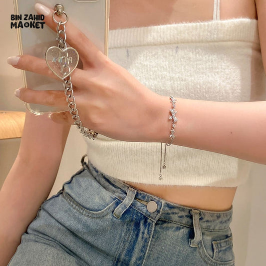 SHINY PINK CRYSTAL CHERRY BLOSSOM BRACELET MOON BOW FLOWERS ZIRCON GIRL JEWELRY