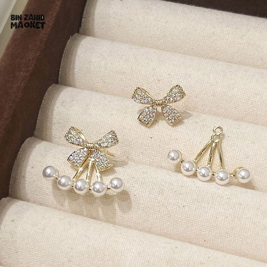 KOREAN LUXURY ZIRCON BOW STUD EARRINGS FOR WOMEN, PEARL BOW KNOT JEWELRY