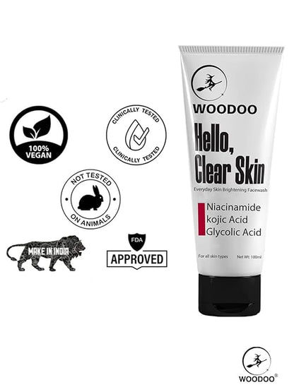 WOODOO - Hello Clear Skin Face Wash | Kojic Acid | Niacinamide | Glycolic Acid | Prevents Hyperpigmentation, Milia | Minimize appearenceof Facial pores, Blackheads, Whiteheads and Dull Skin |100ml